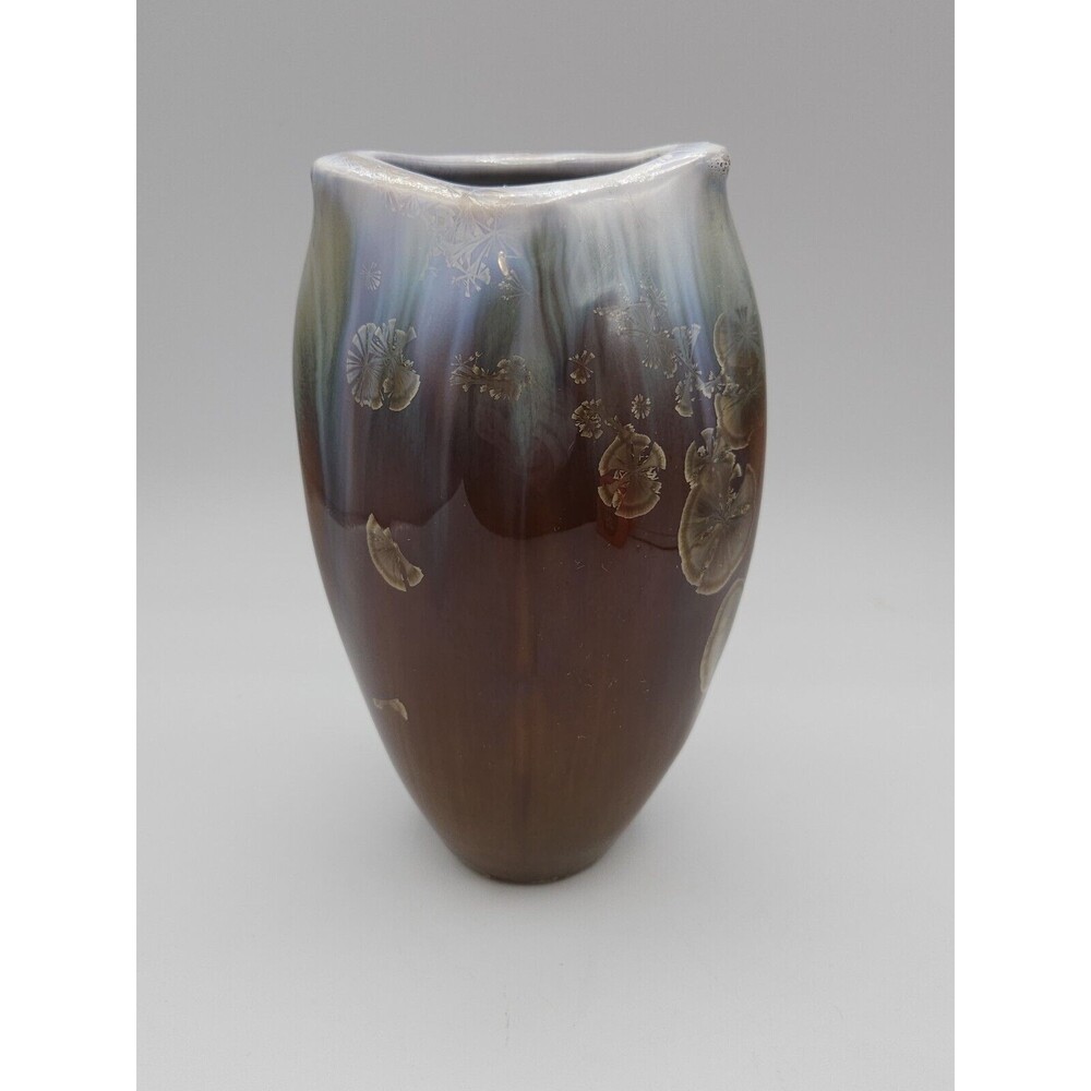 Bill Campbell Blue Flambe Drip Brown Crystalline Glaze Fish Mouth Vase
